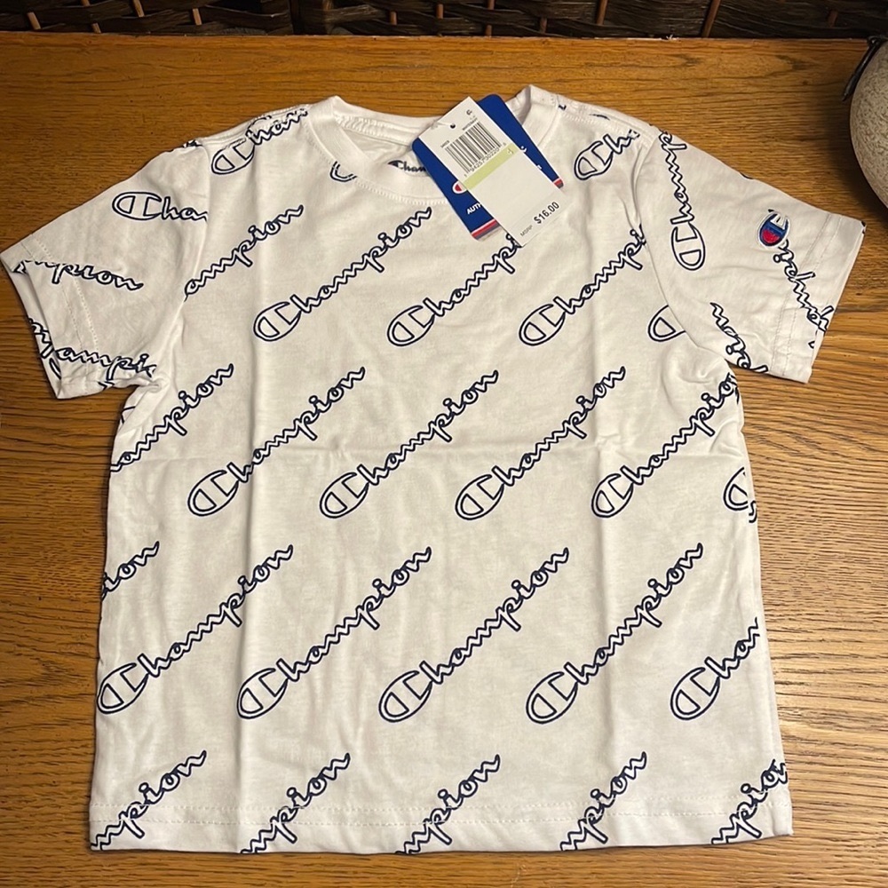 Kids blue and white champion tee shirt
